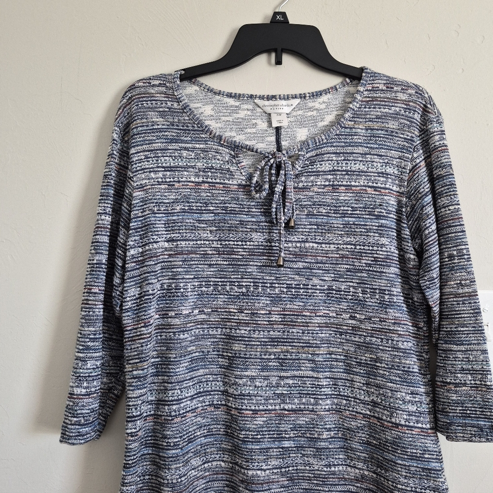 Christopher And Banks Blue Multi-Stripe Tie-Neck 3/4 Sleeve Top